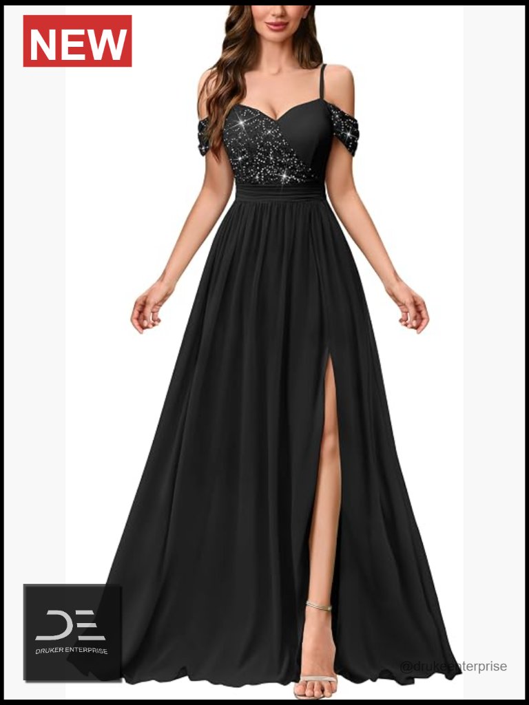 Off Shoulder Sequined Split Spaghetti Strap Maxi Dress